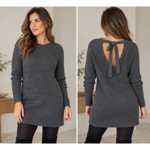 J.Crew Gray Ribbed Alpaca Wool Blend Open Back Tie Sweater Tunic M